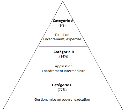 Catégorie A (9 %) : Direction Encadrement, expertise ; Catégorie B (14 %) : Application Encadrement intermédiaire ; Catégorie C (77 %) : Gestion, mise en œuvre, exécution